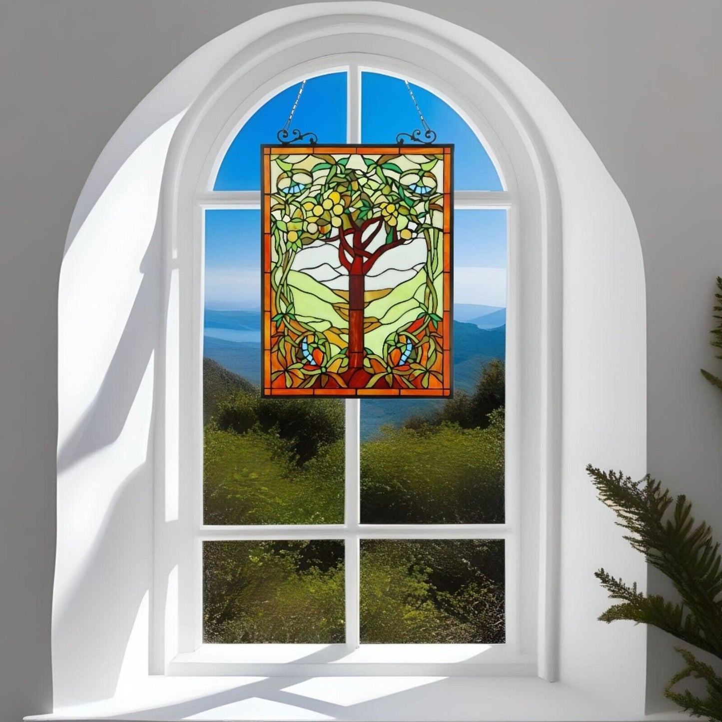 Tree of Life Stained Glass Window Panel Suncatcher Vibrant Spring Tones 18x25in