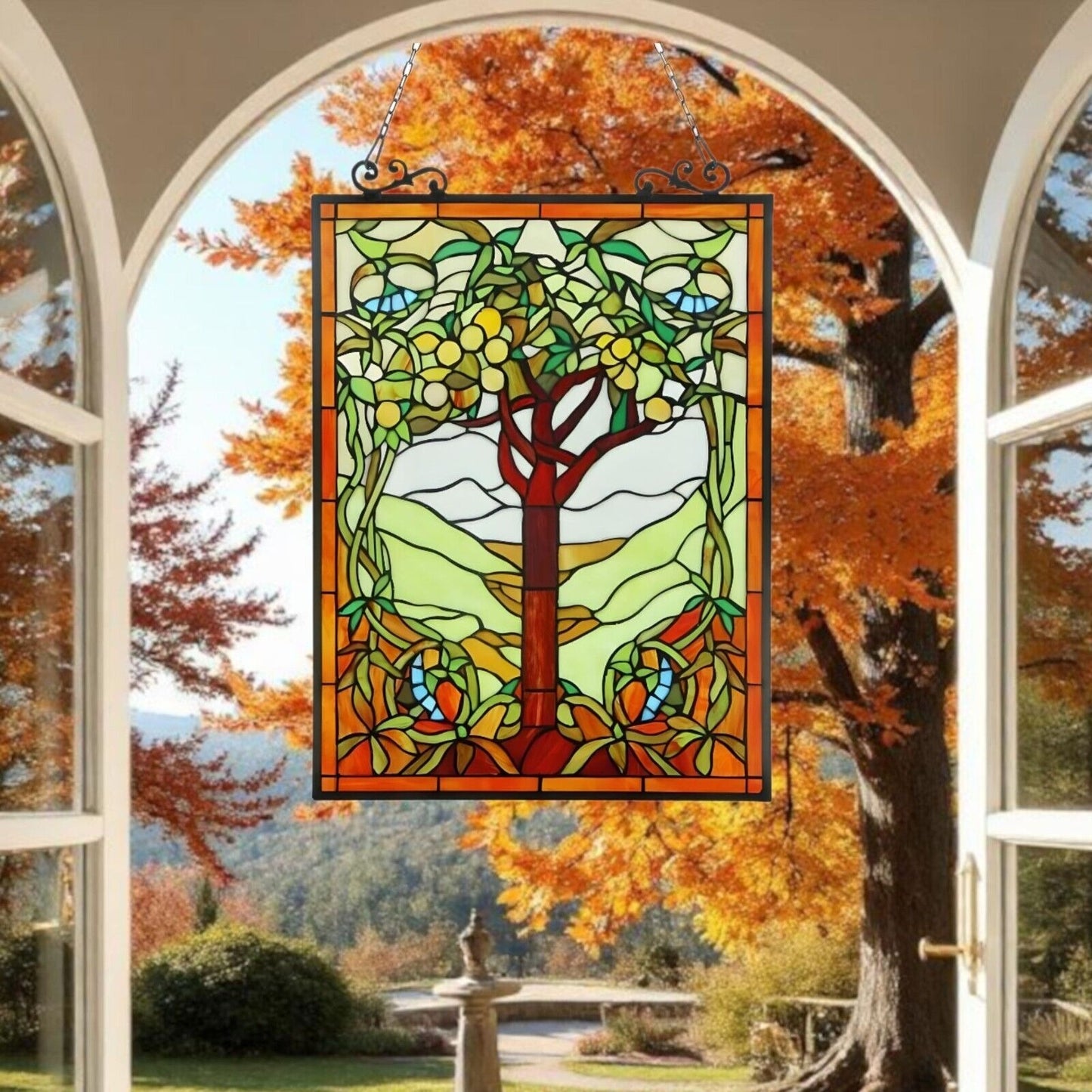 Tree of Life Stained Glass Window Panel Suncatcher Vibrant Spring Tones 18x25in