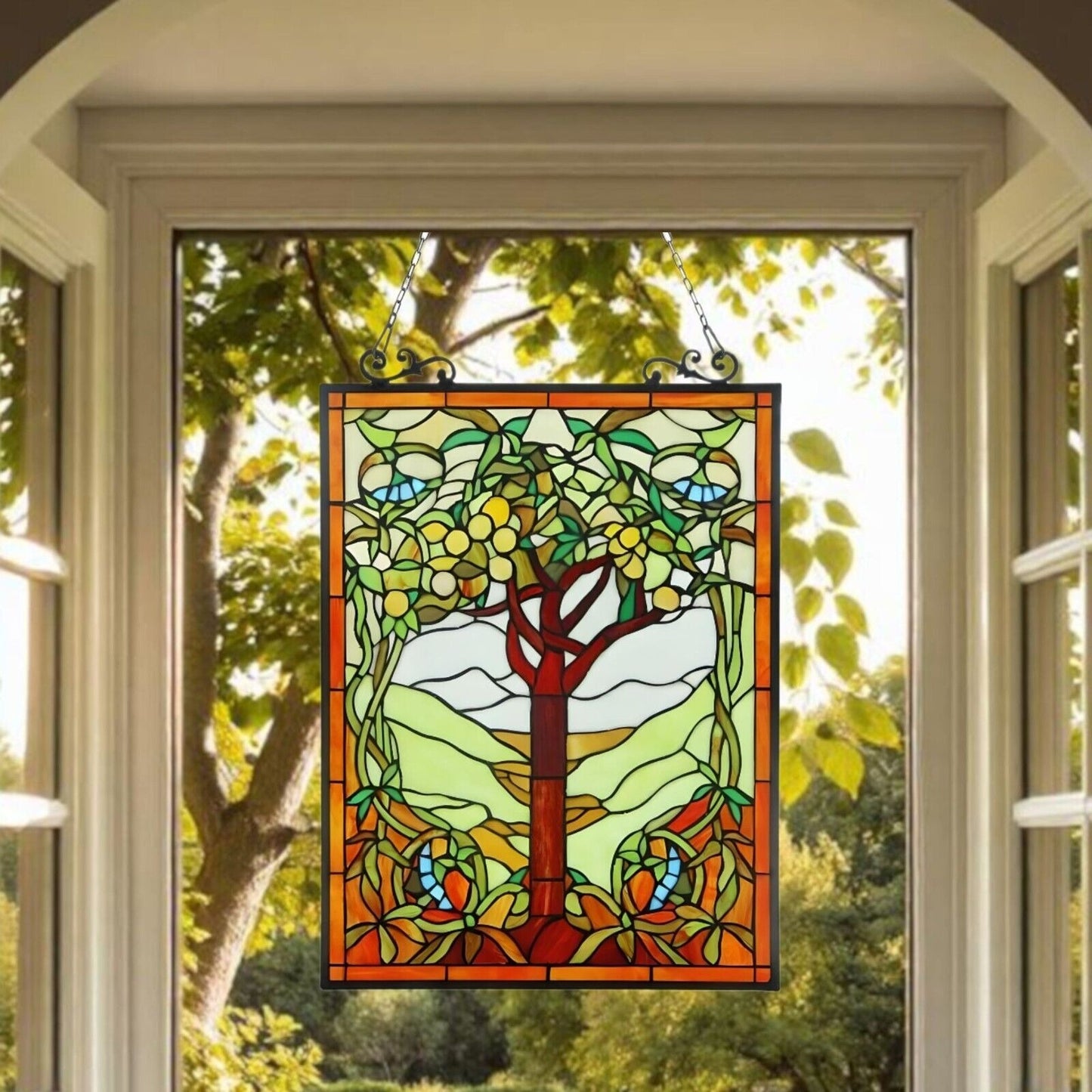 Tree of Life Stained Glass Window Panel Suncatcher Vibrant Spring Tones 18x25in