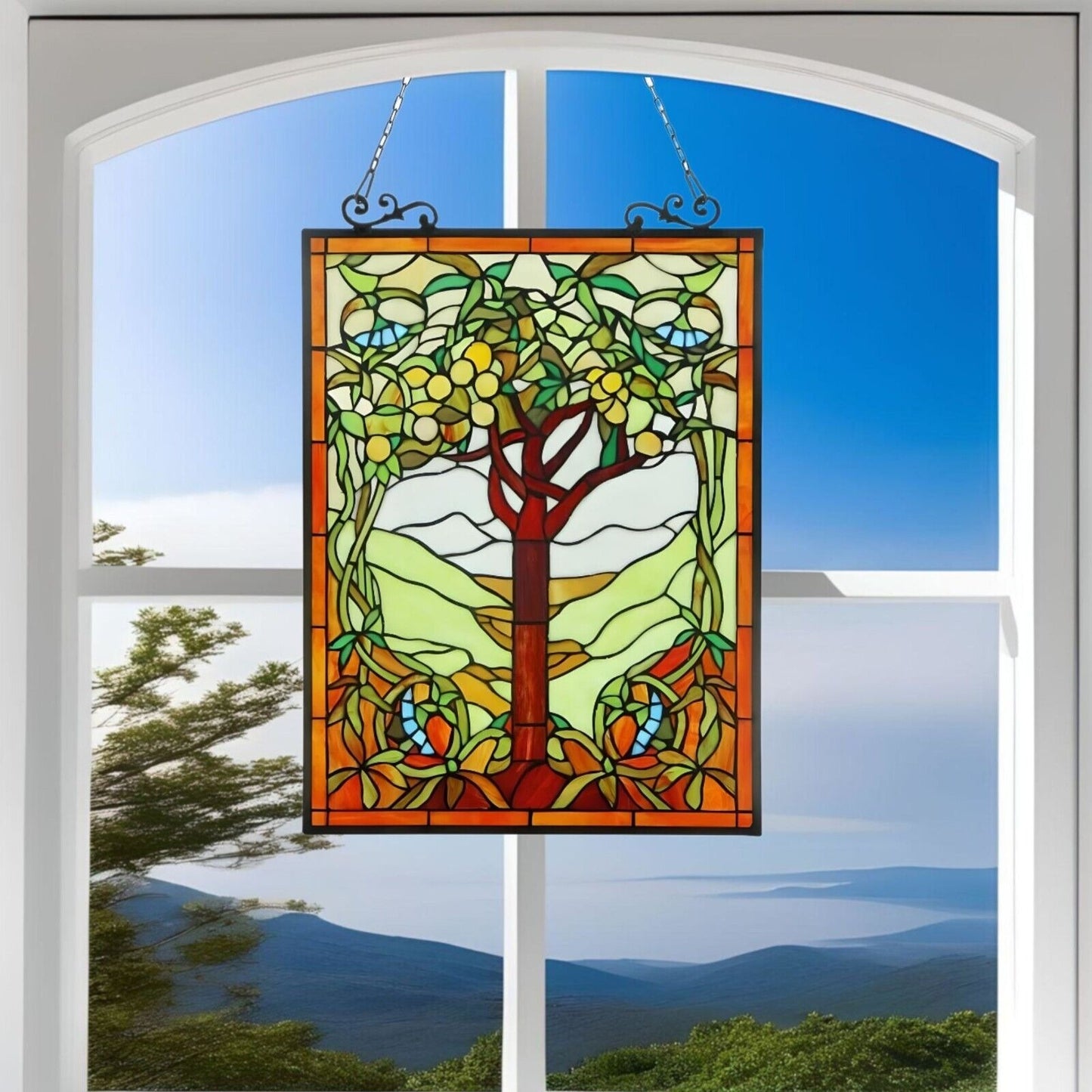 Tree of Life Stained Glass Window Panel Suncatcher Vibrant Spring Tones 18x25in