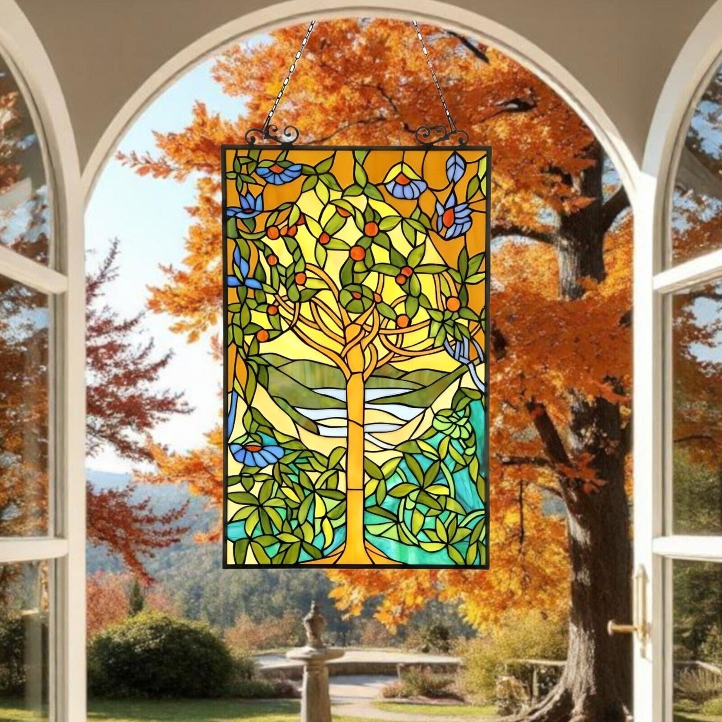 Tree of Life Design Tiffany Style Stained Glass Suncatcher Window Panel 20x32in