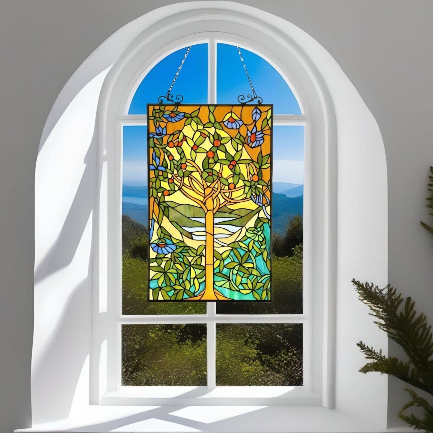 Tree of Life Design Tiffany Style Stained Glass Suncatcher Window Panel 20x32in