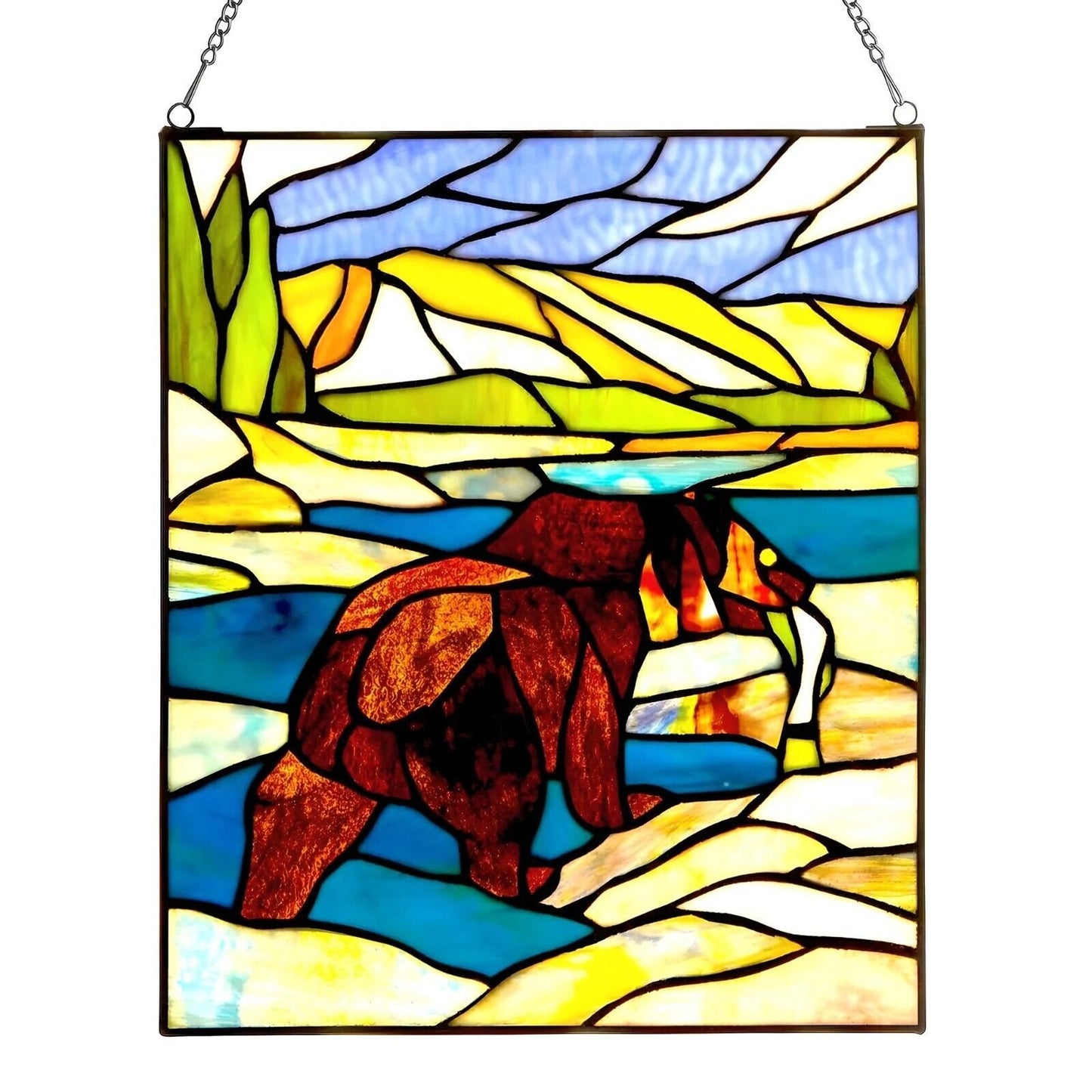 Fishing Bear Stained Glass Suncatcher Hanging Window Panel Tiffany Style 12x14in