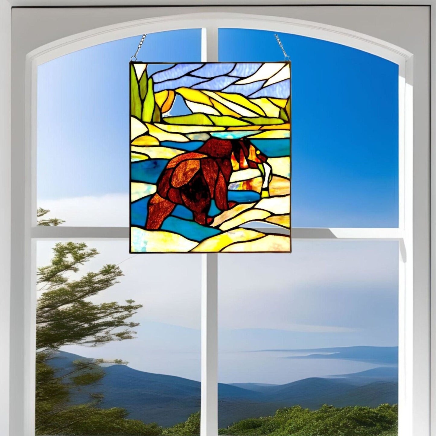 Fishing Bear Stained Glass Suncatcher Hanging Window Panel Tiffany Style 12x14in