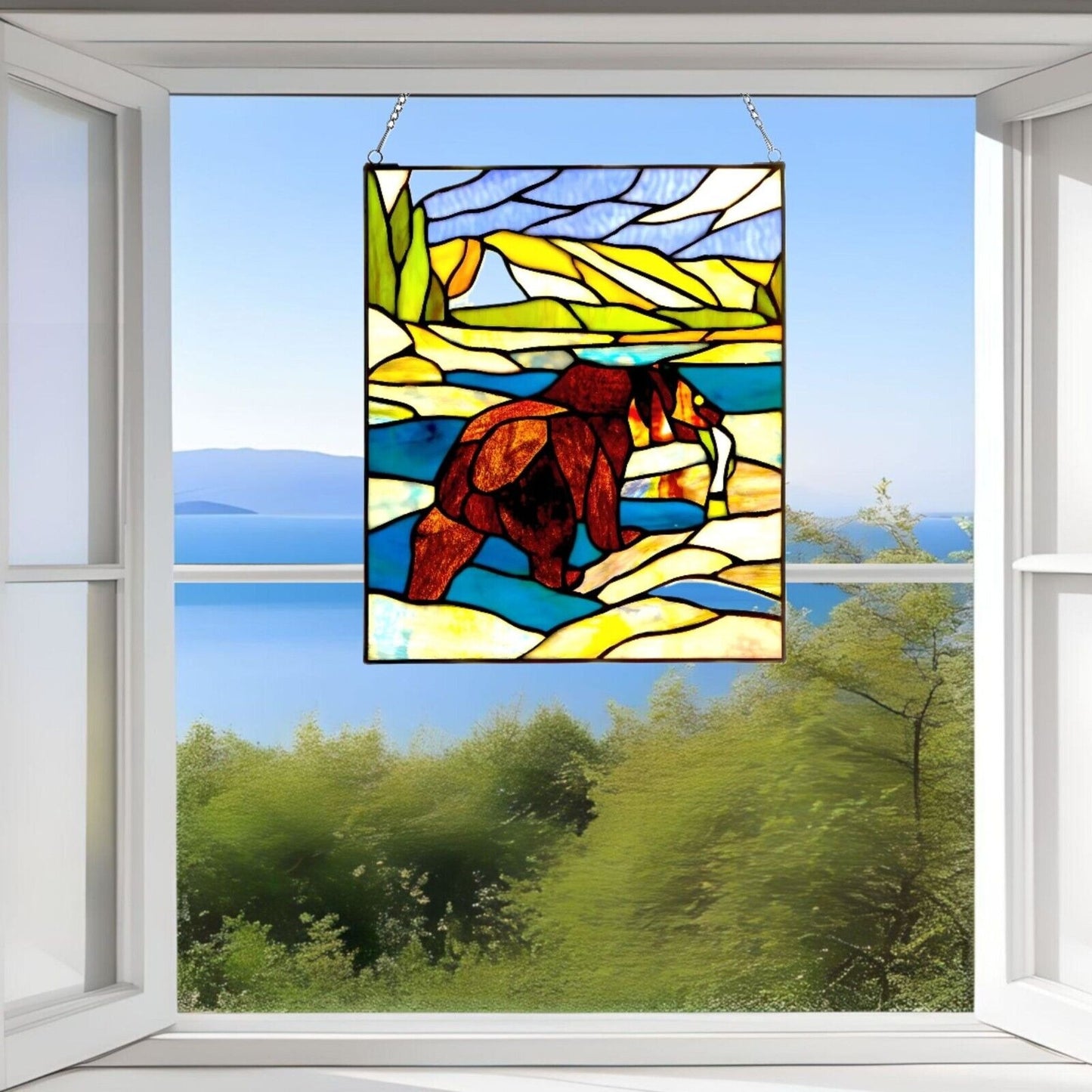 Fishing Bear Stained Glass Suncatcher Hanging Window Panel Tiffany Style 12x14in