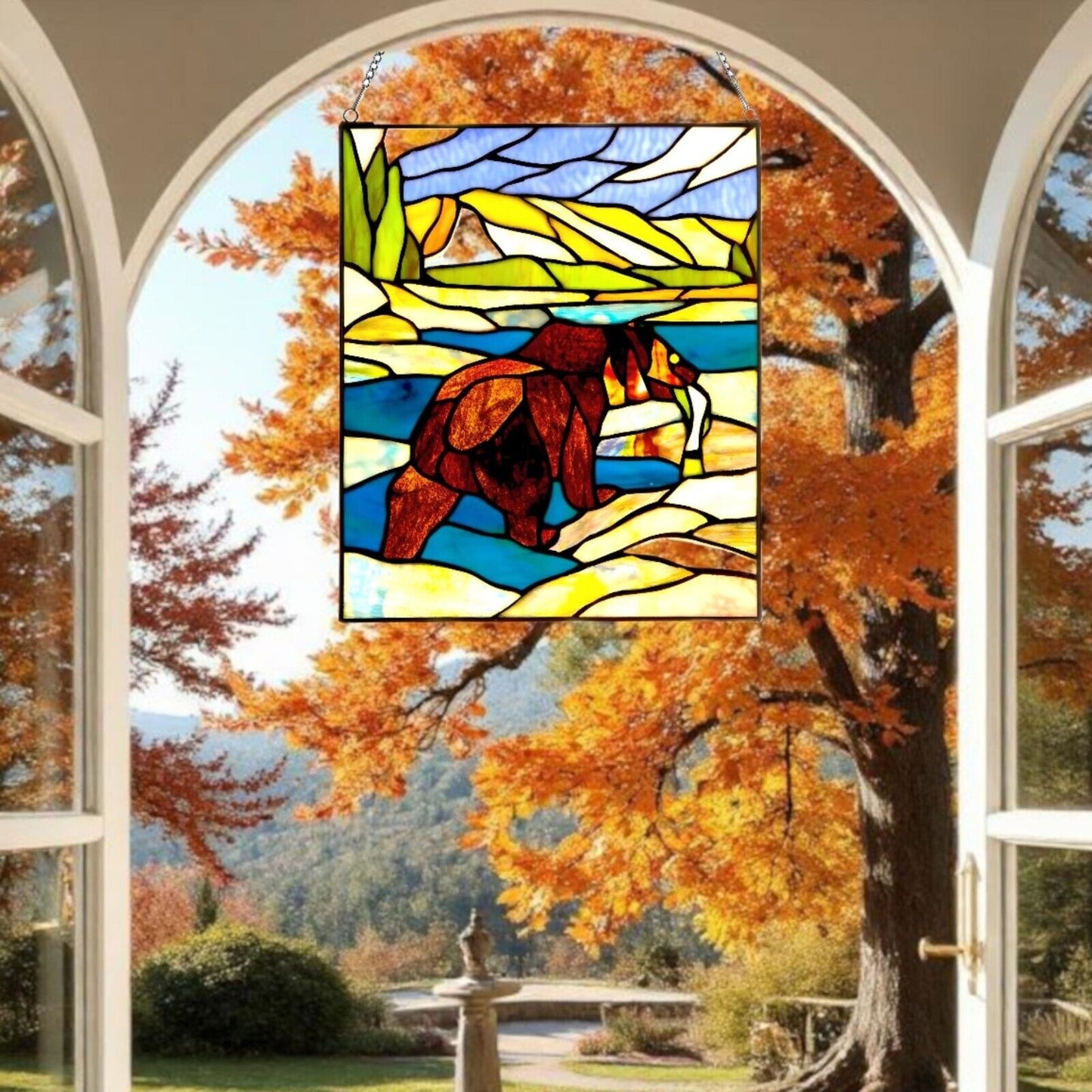 Fishing Bear Stained Glass Suncatcher Hanging Window Panel Tiffany Style 12x14in