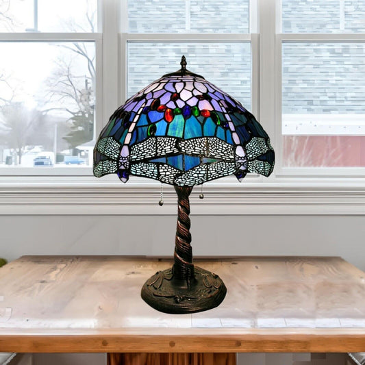 Tiffany Style Stained Glass Table Lamp with Dragonfly Design in Royal Blue 22in