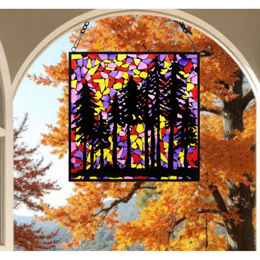 Tiffany Style Stained Glass Forest Mosaic Window Panel Metal Overlay 12x12in