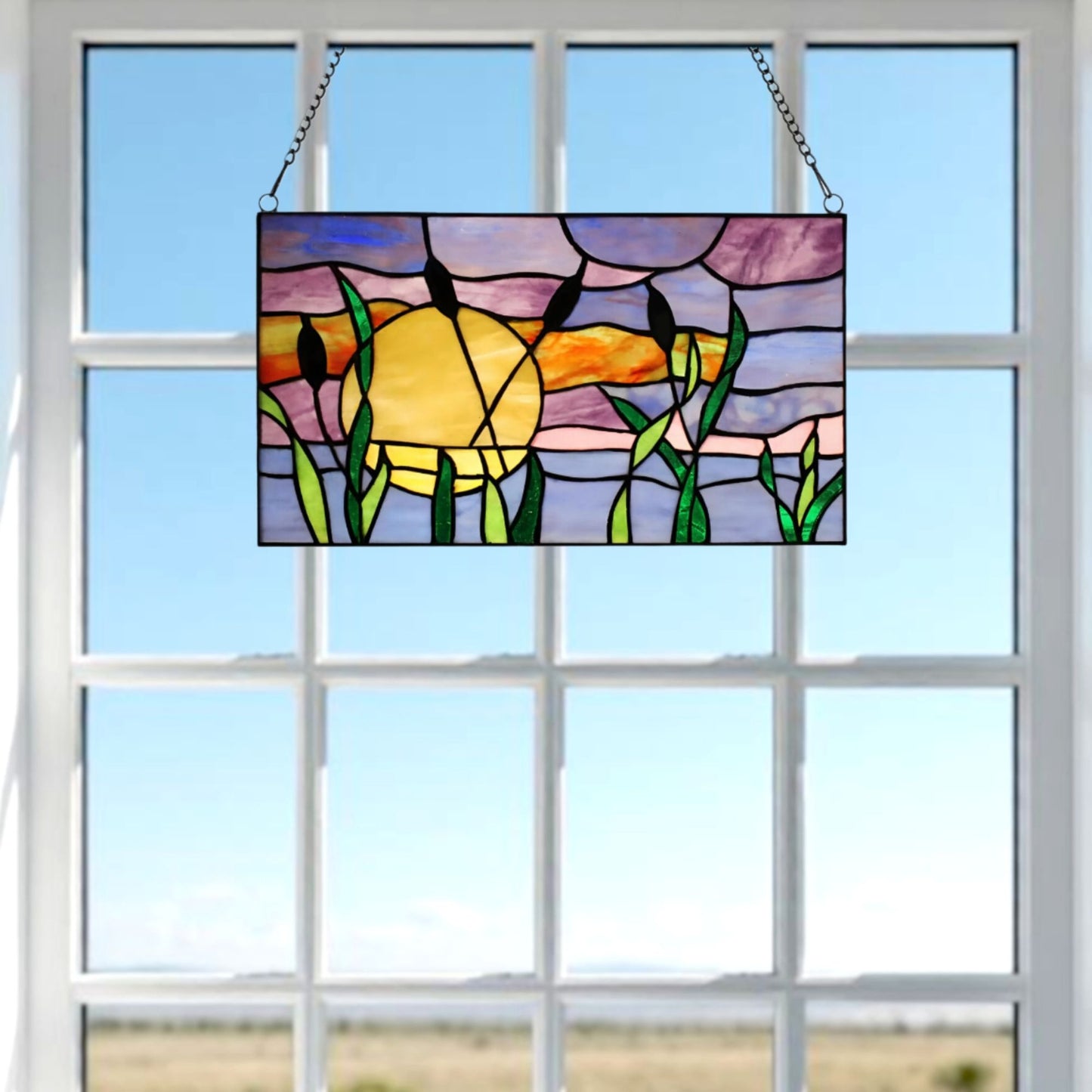 Stained Glass Window Panel Cattails in a Sunset 14inx8in
