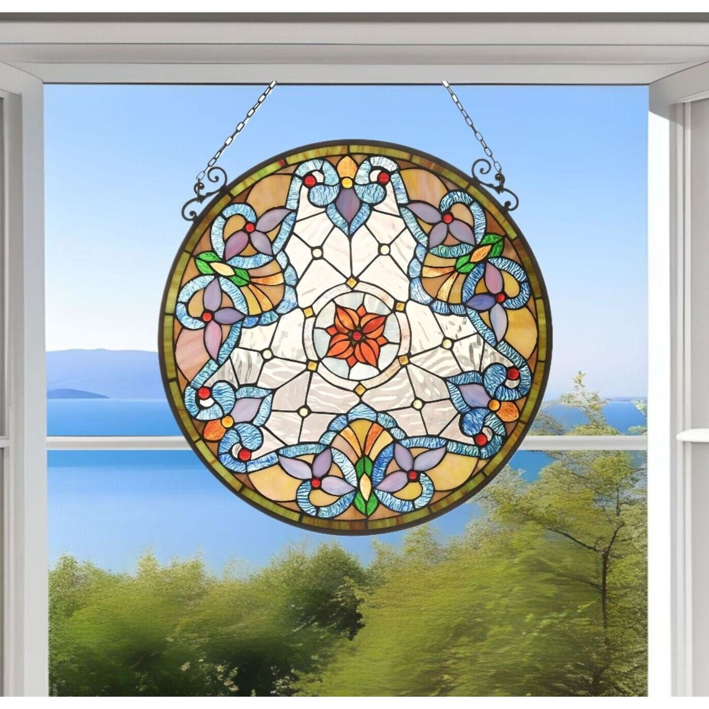 Tiffany Style Stained Glass Suncatcher Window Panel Elegant Flower 24in