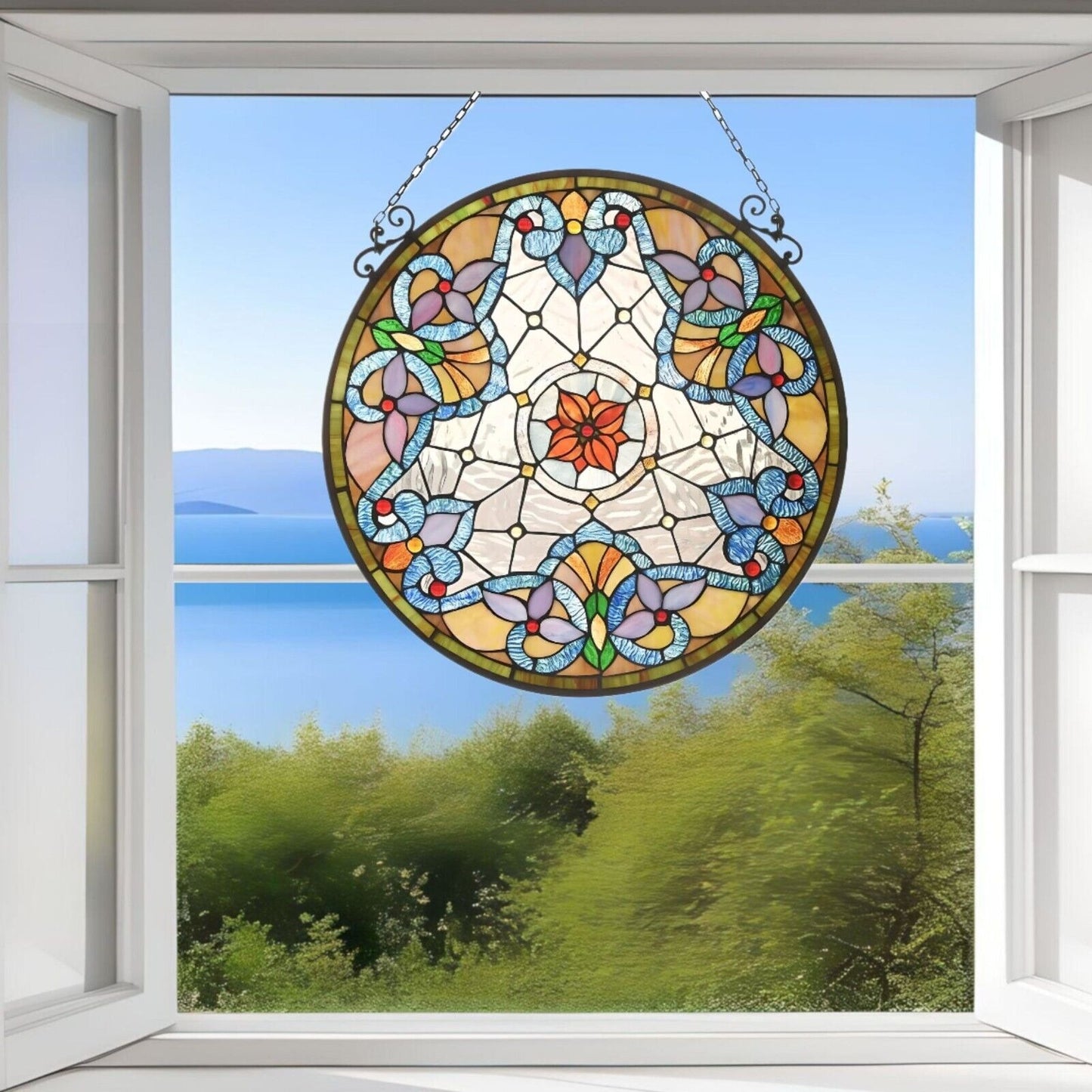 Tiffany Style Stained Glass Suncatcher Window Panel Elegant Flower 24in