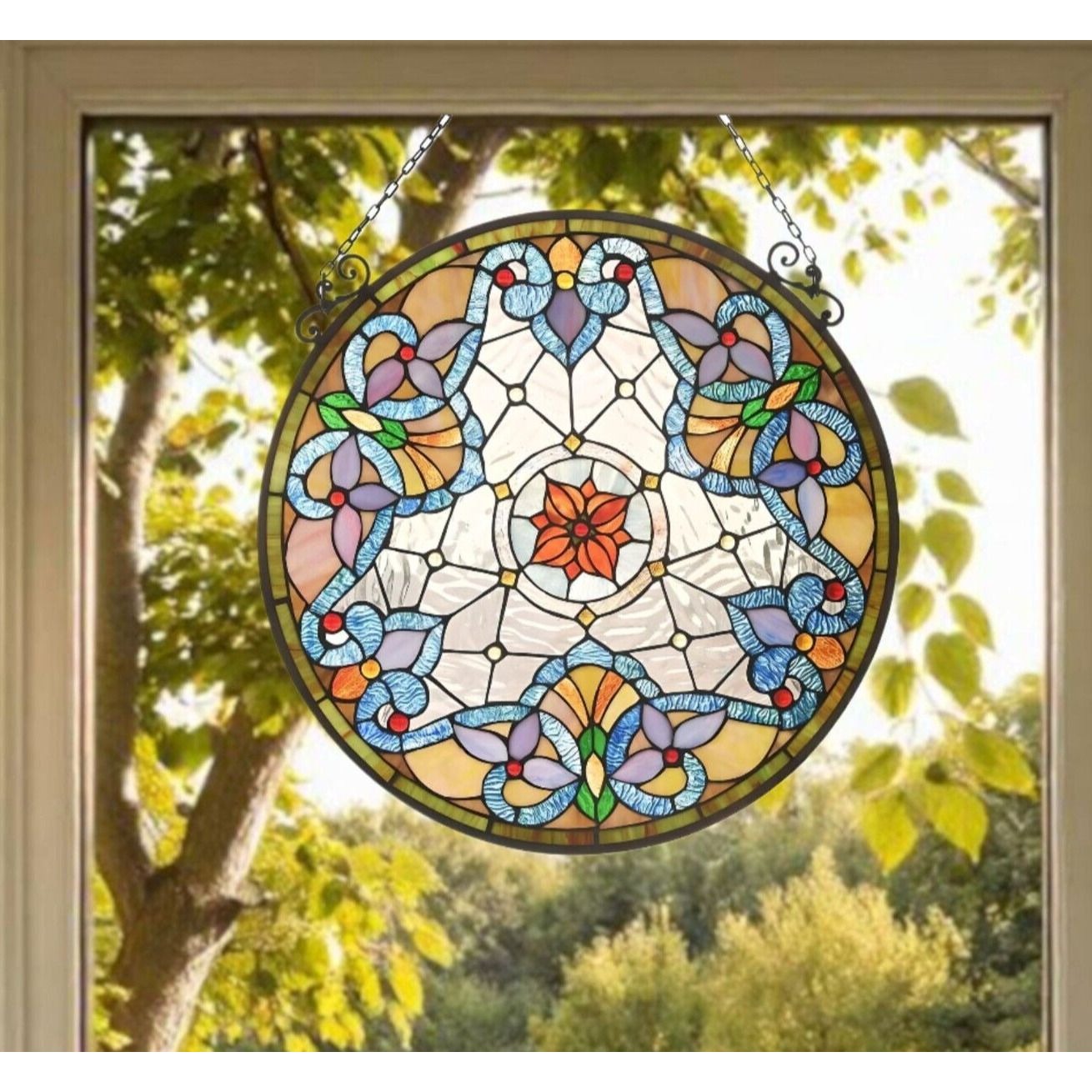 Tiffany Style Stained Glass Suncatcher Window Panel Elegant Flower 24in