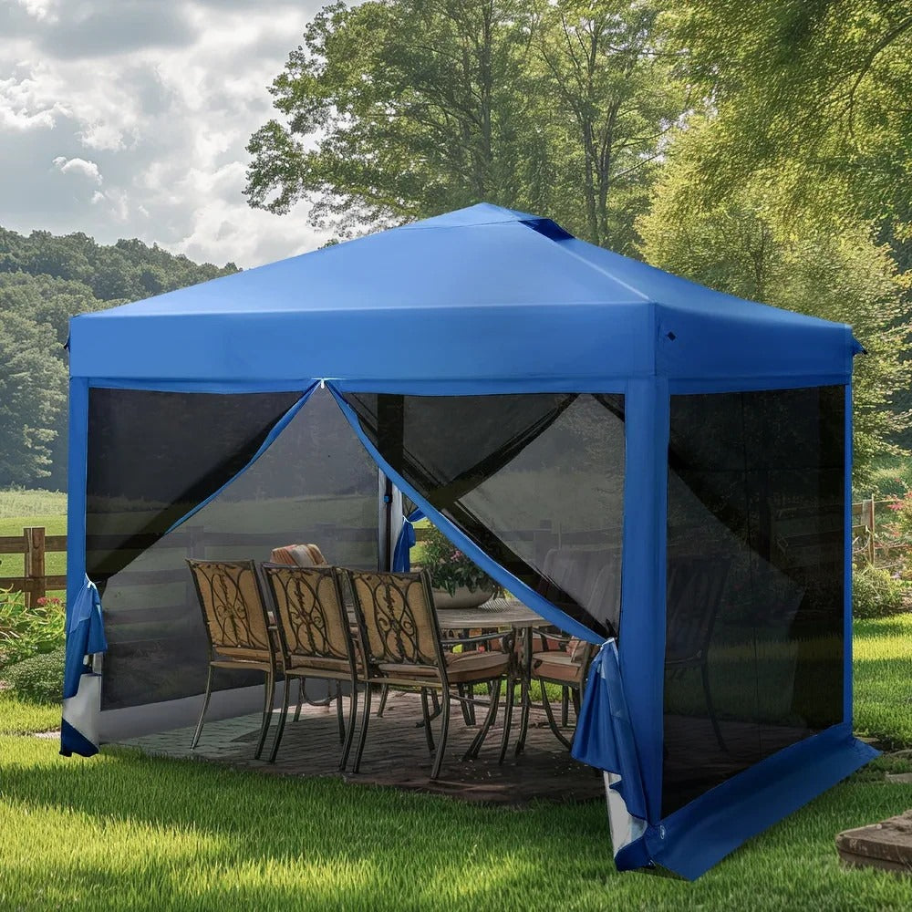 10x10ft Pop-Up Adjustable Canopy Gazebo w/ Netting, Vented Top, Wheeled Bag BLUE