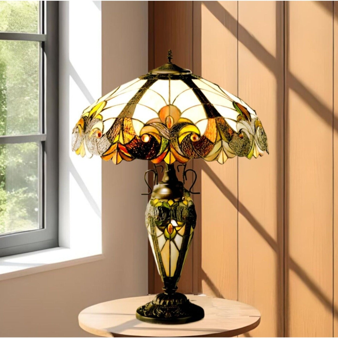 Tiffany Style Stained Glass Table Lamp with Urn Base in Brown and Amber Hues