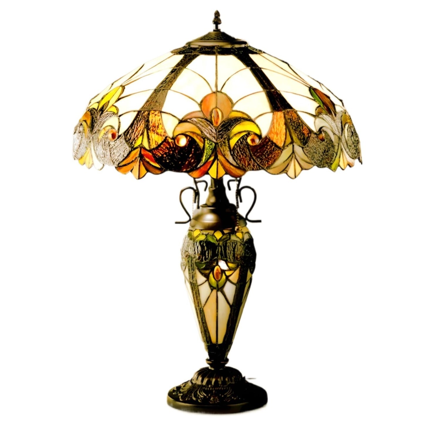 Tiffany Style Stained Glass Table Lamp with Urn Base in Brown and Amber Hues