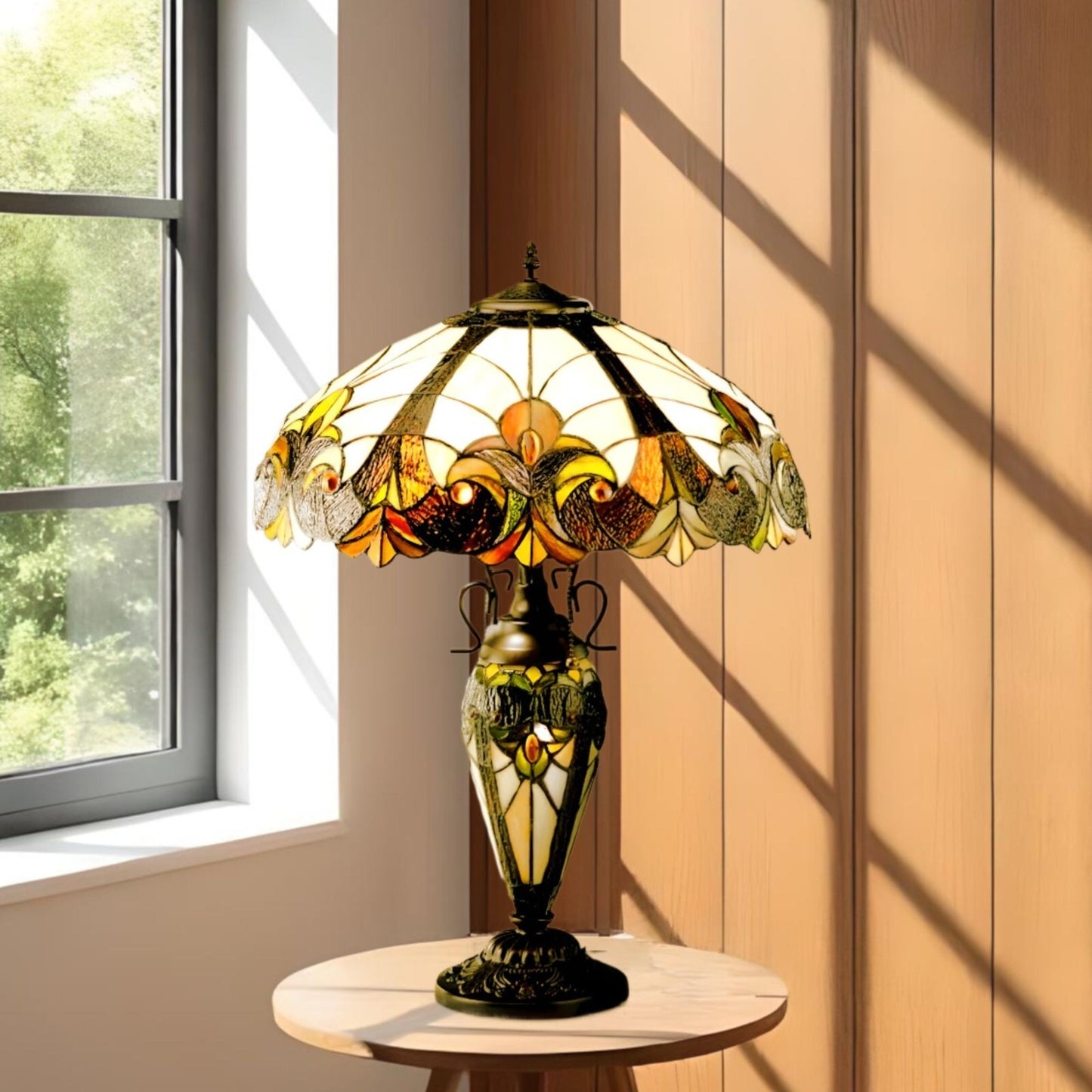 Tiffany Style Stained Glass Table Lamp with Urn Base in Brown and Amber Hues