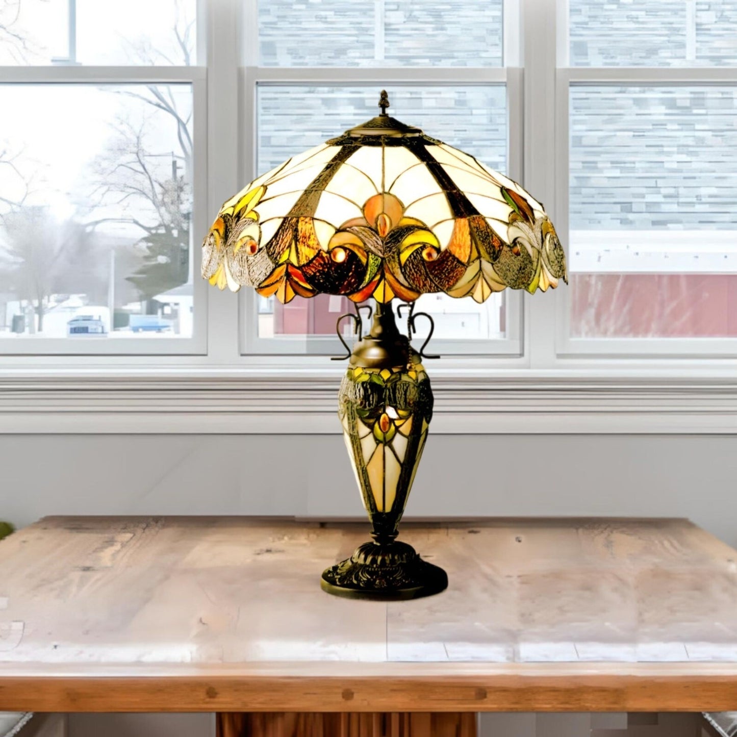 Tiffany Style Stained Glass Table Lamp with Urn Base in Brown and Amber Hues