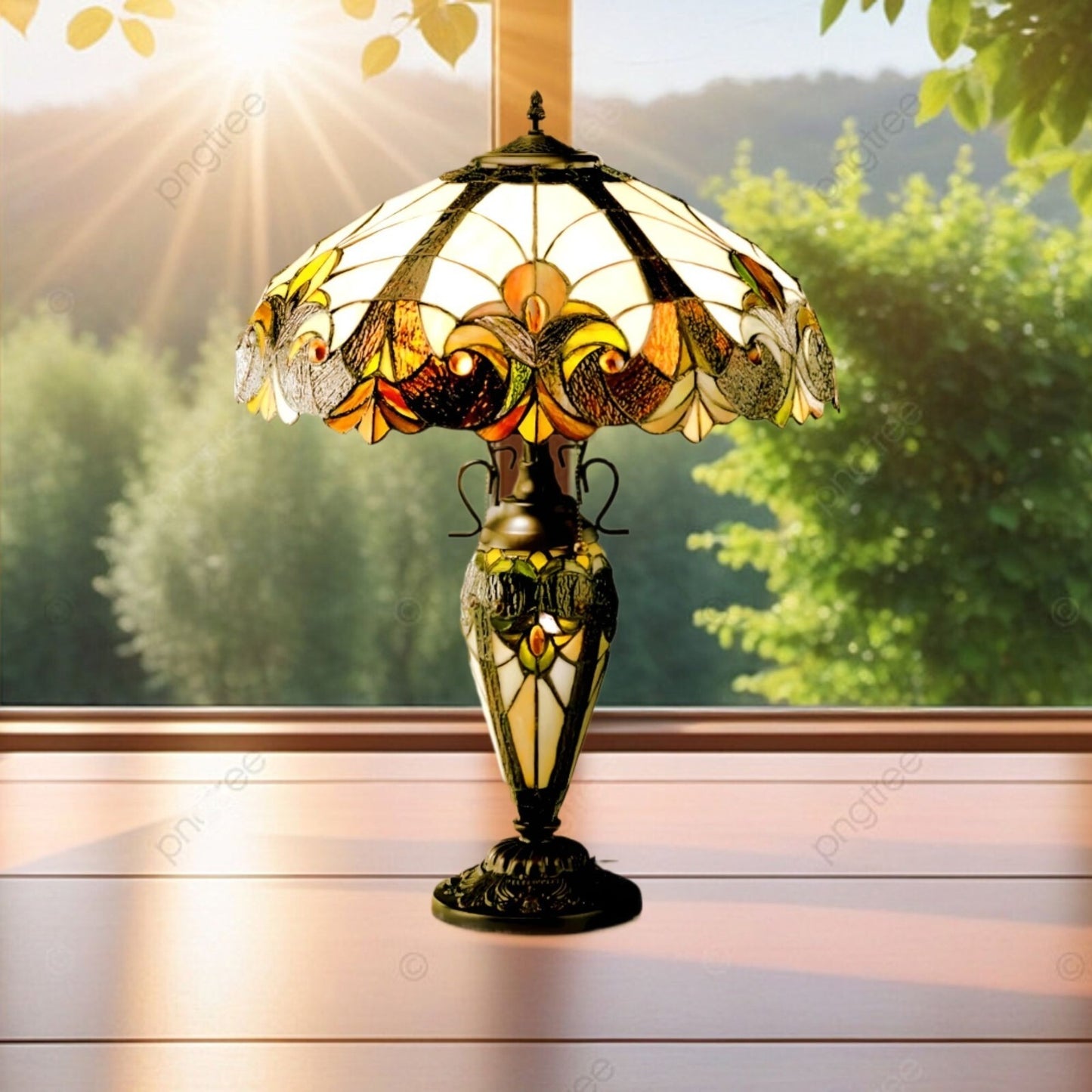 Tiffany Style Stained Glass Table Lamp with Urn Base in Brown and Amber Hues