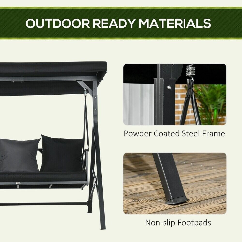 Patio Porch Swing Chair, Throw Pillows, Adjustable Canopy, Powder Coat in Black