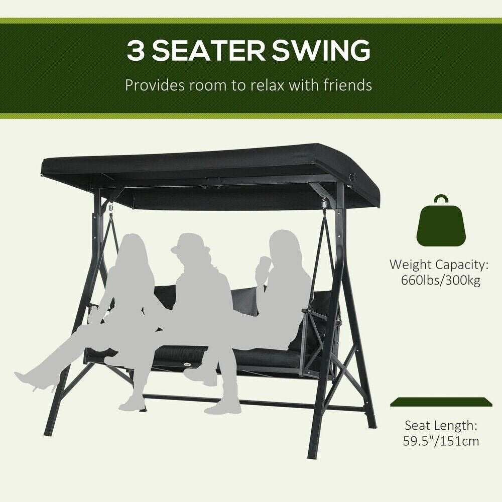 Patio Porch Swing Chair, Throw Pillows, Adjustable Canopy, Powder Coat in Black