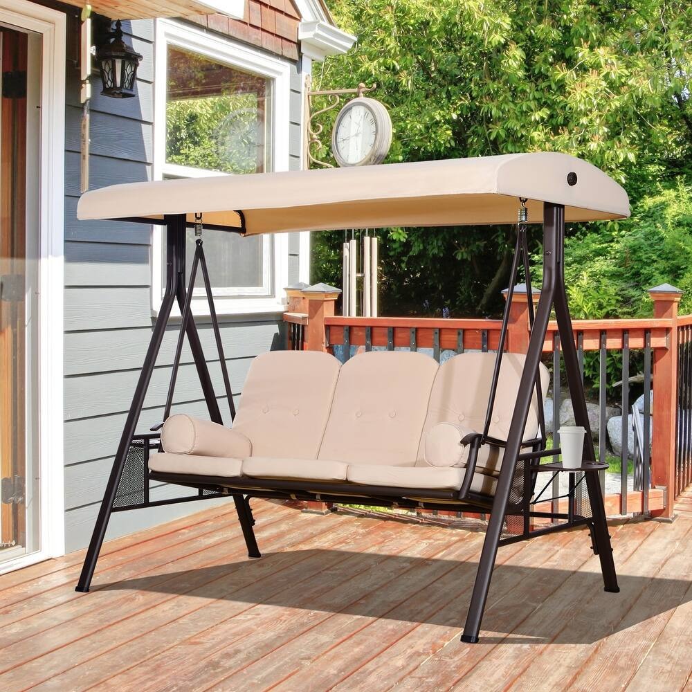 Deluxe Cushioned Outdoor Patio Canopy Bench Swing 3-Person in Beige
