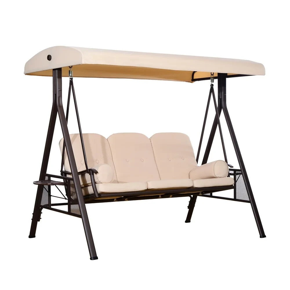 Deluxe Cushioned Outdoor Patio Canopy Bench Swing 3-Person in Beige