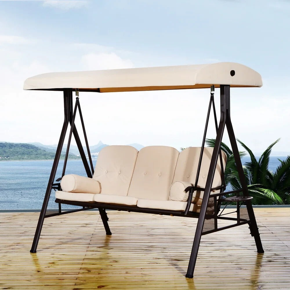 Deluxe Cushioned Outdoor Patio Canopy Bench Swing 3-Person in Beige