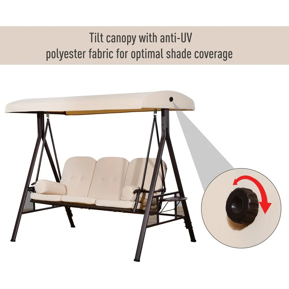 Deluxe Cushioned Outdoor Patio Canopy Bench Swing 3-Person in Beige