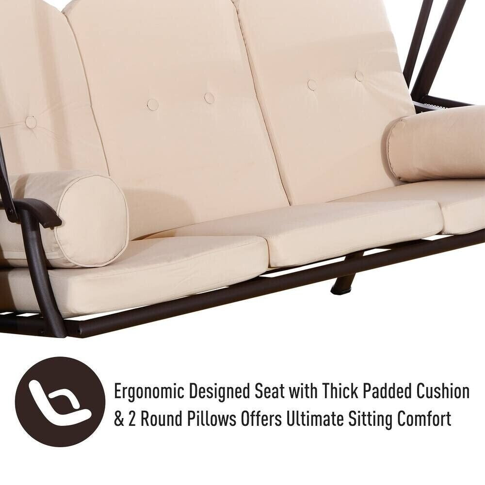 Deluxe Cushioned Outdoor Patio Canopy Bench Swing 3-Person in Beige