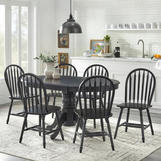 7-Pc Country Style Dining Set: Solid Wood w/ 22in Leaf - Matt Black Finish