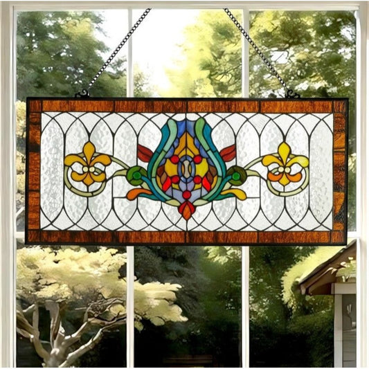 Fleur De Lis Spice Colors Stained Glass Window Panel Suncatcher 30L x 14H