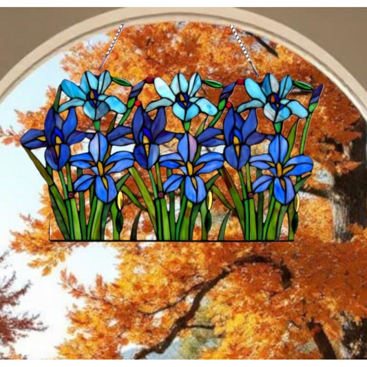 Iris Floral Tiffany Style Stained Glass Hanging Window Panel Suncatcher 15x24in