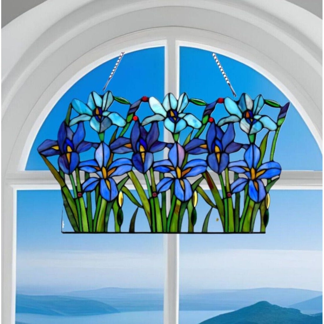 Iris Floral Tiffany Style Stained Glass Hanging Window Panel Suncatcher 15x24in