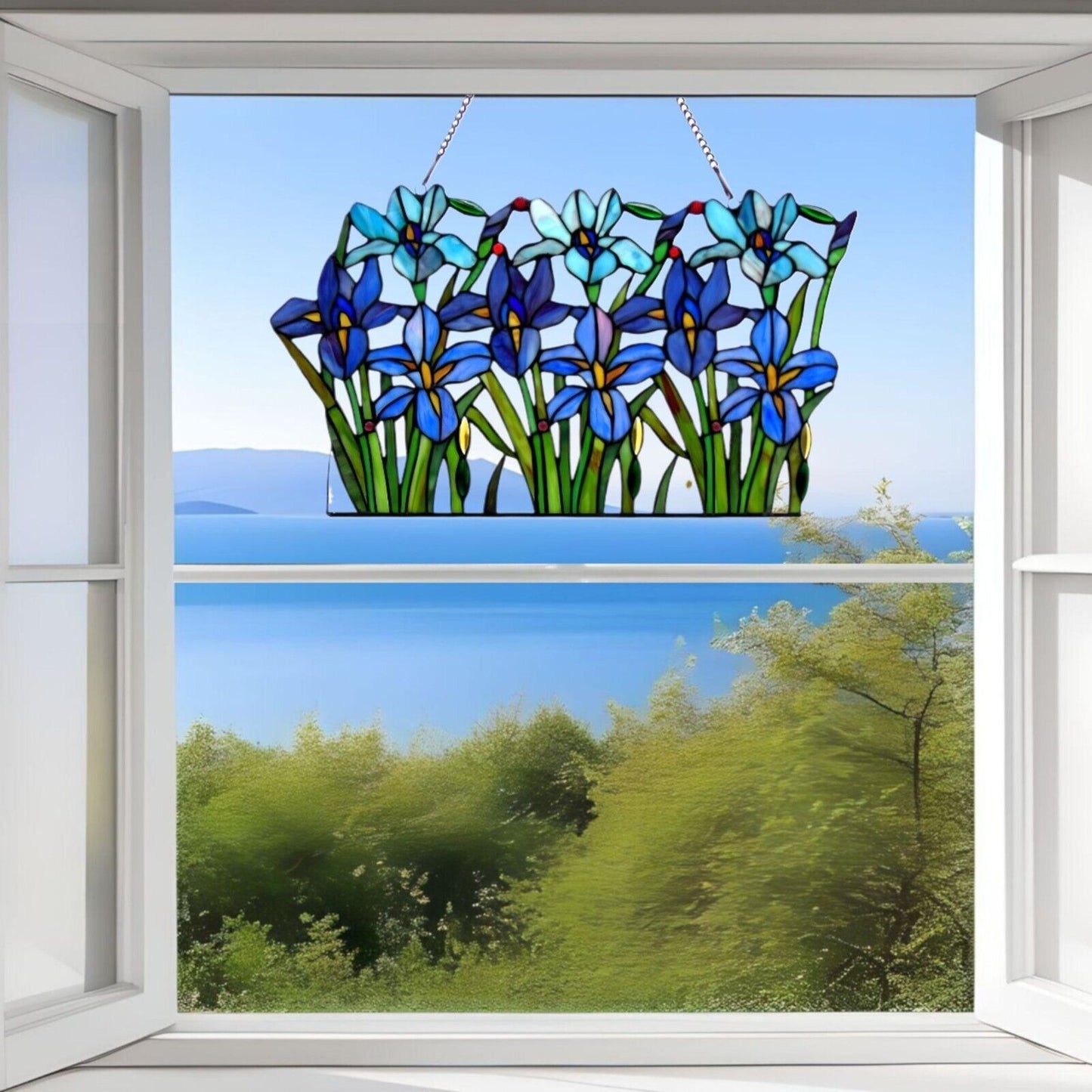 Iris Floral Tiffany Style Stained Glass Hanging Window Panel Suncatcher 15x24in