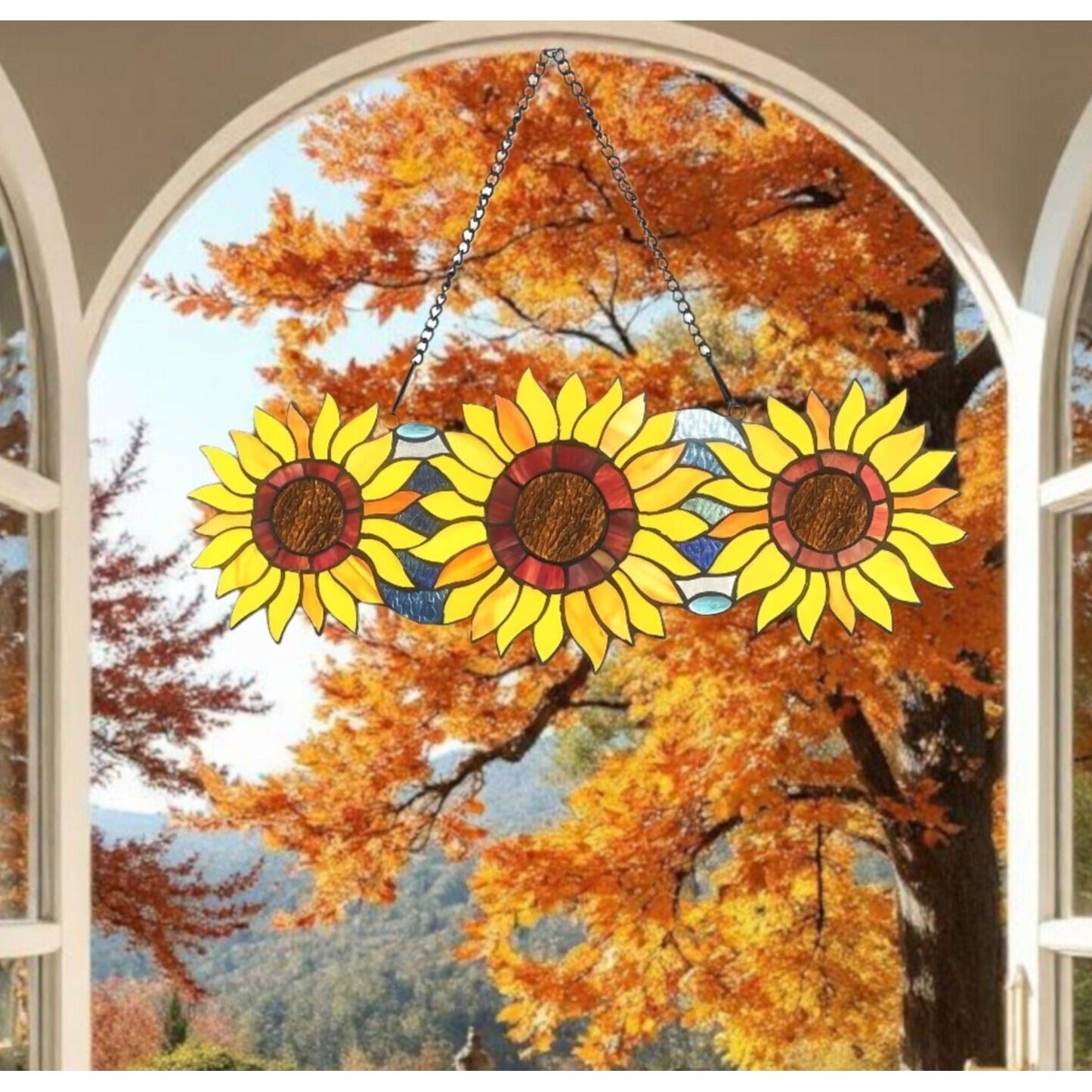 Sunflowers Stained Glass Hanging Suncatcher Window Panel Tiffany Style 22x9in