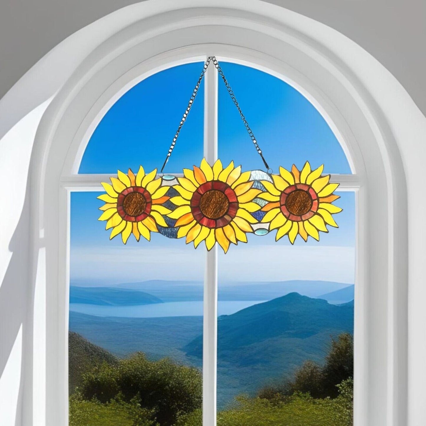 Sunflowers Stained Glass Hanging Suncatcher Window Panel Tiffany Style 22x9in