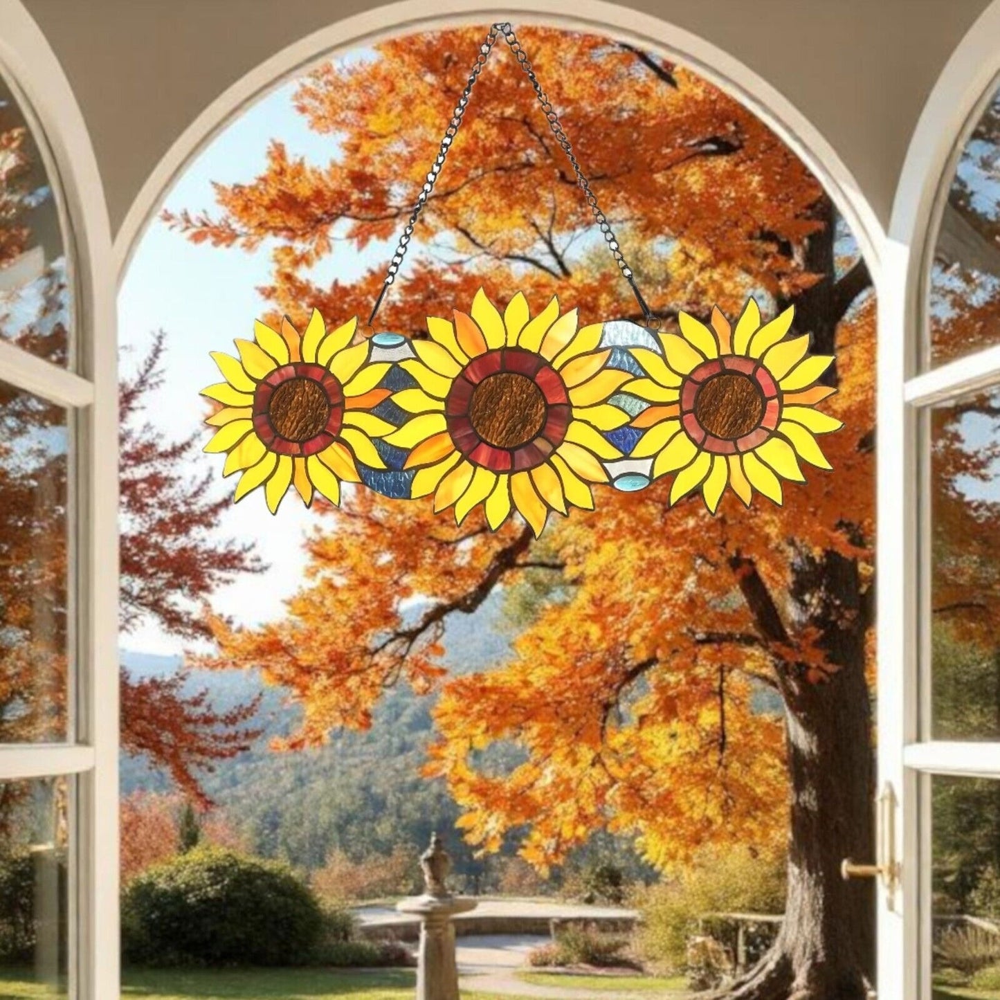 Sunflowers Stained Glass Hanging Suncatcher Window Panel Tiffany Style 22x9in