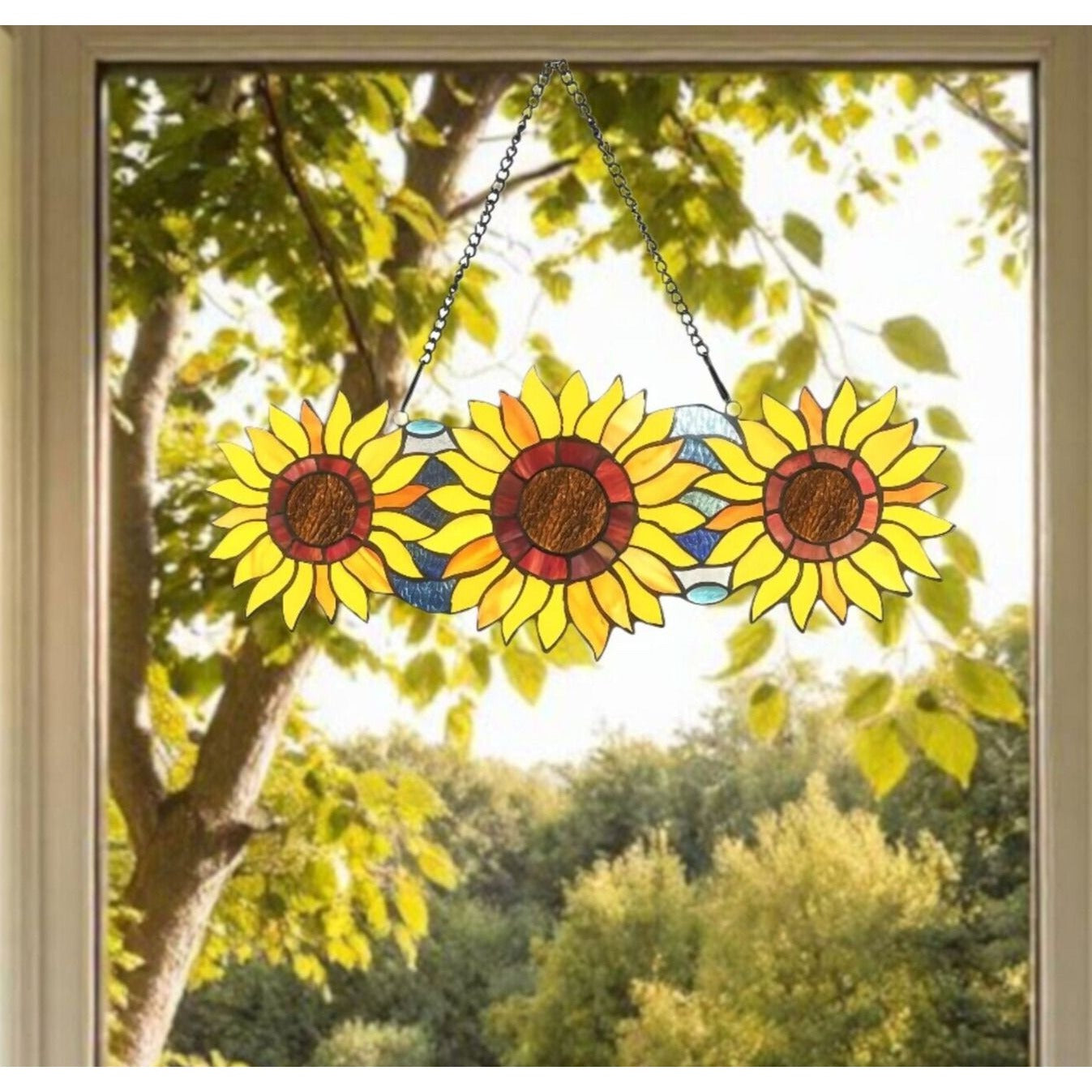 Sunflowers Stained Glass Hanging Suncatcher Window Panel Tiffany Style 22x9in