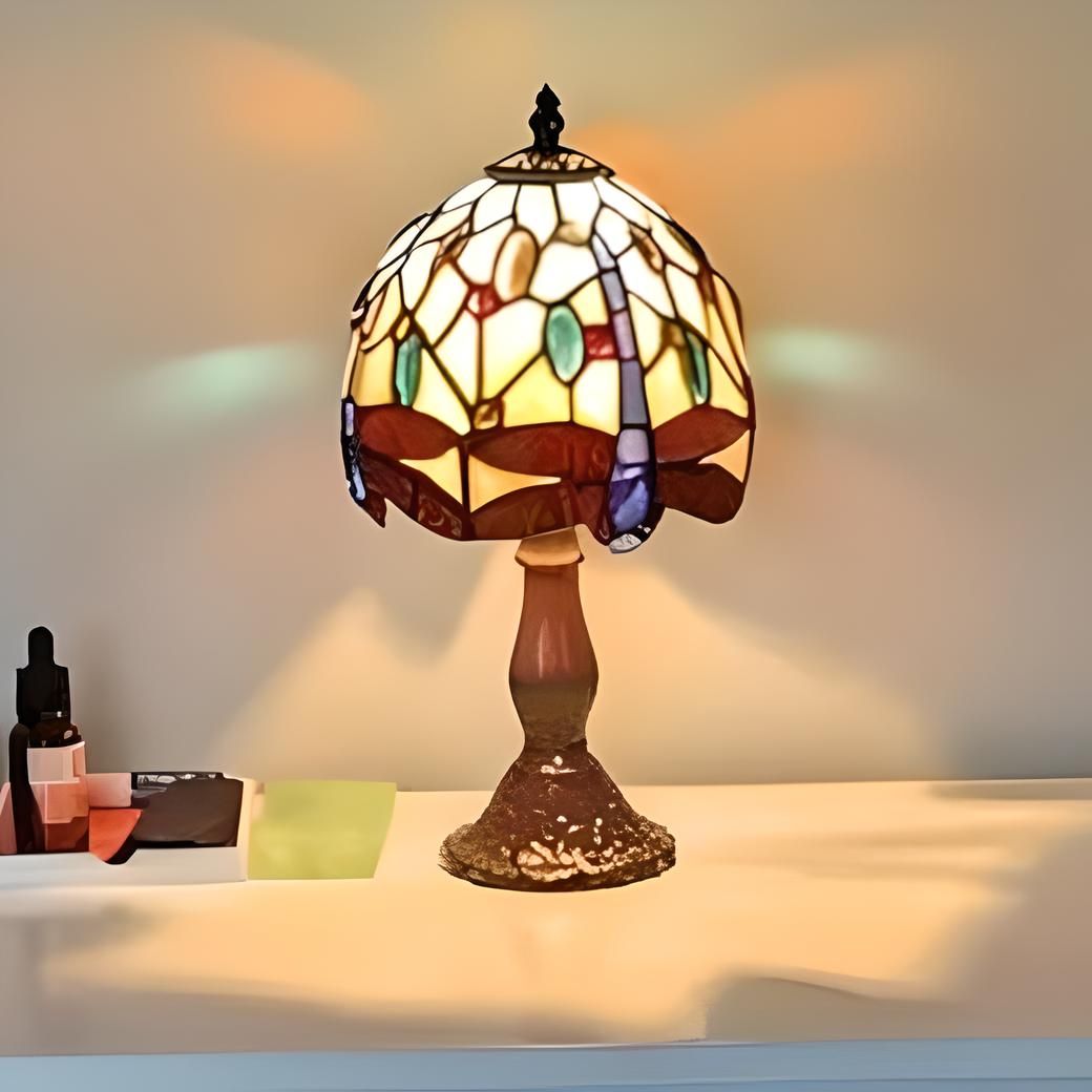 Tiffany Style 12in Stained Glass Mini Table Lamp Dragonfly Theme