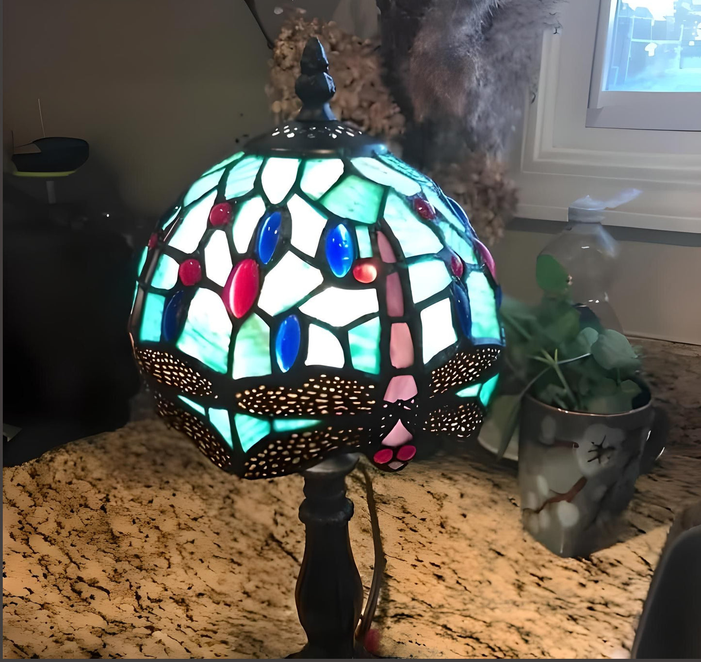 Tiffany Style 12in Stained Glass Mini Table Lamp Dragonfly Theme