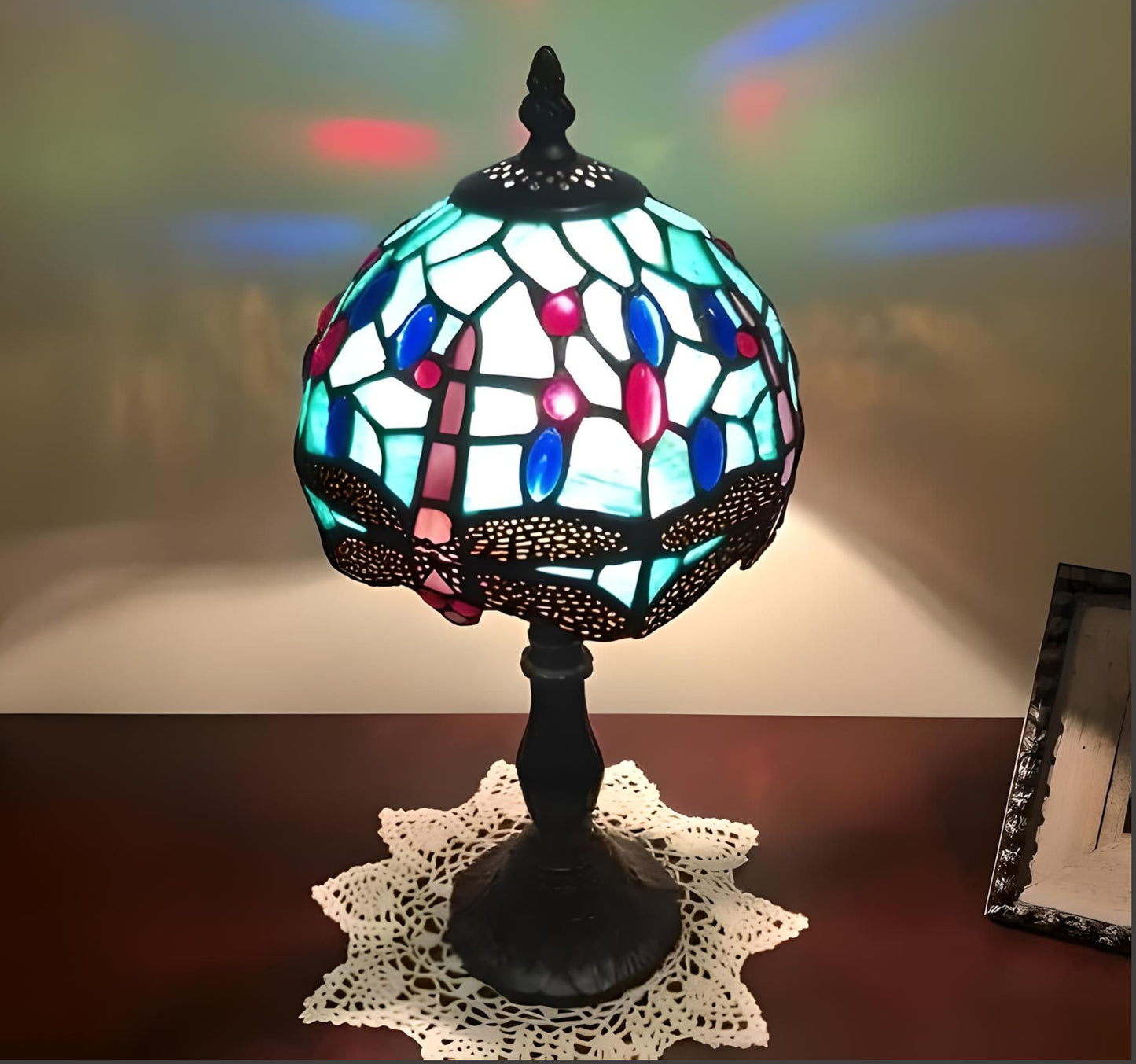 Tiffany Style 12in Stained Glass Mini Table Lamp Dragonfly Theme