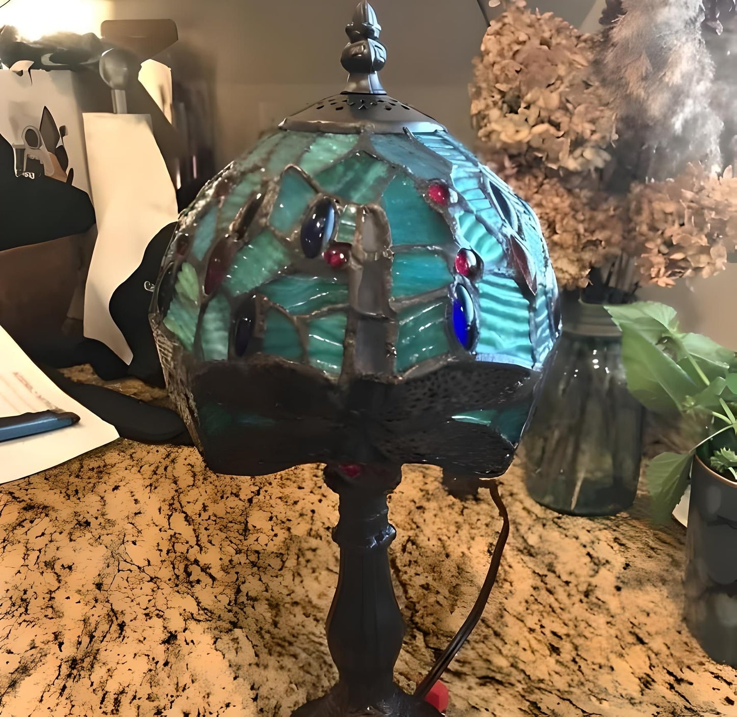 Tiffany Style 12in Stained Glass Mini Table Lamp Dragonfly Theme