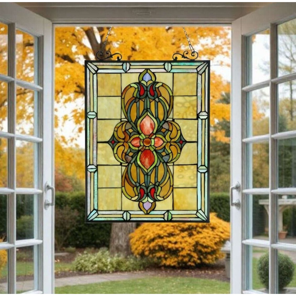 Tiffany Style Victorian Design Stained Glass Window Panel 18x26In