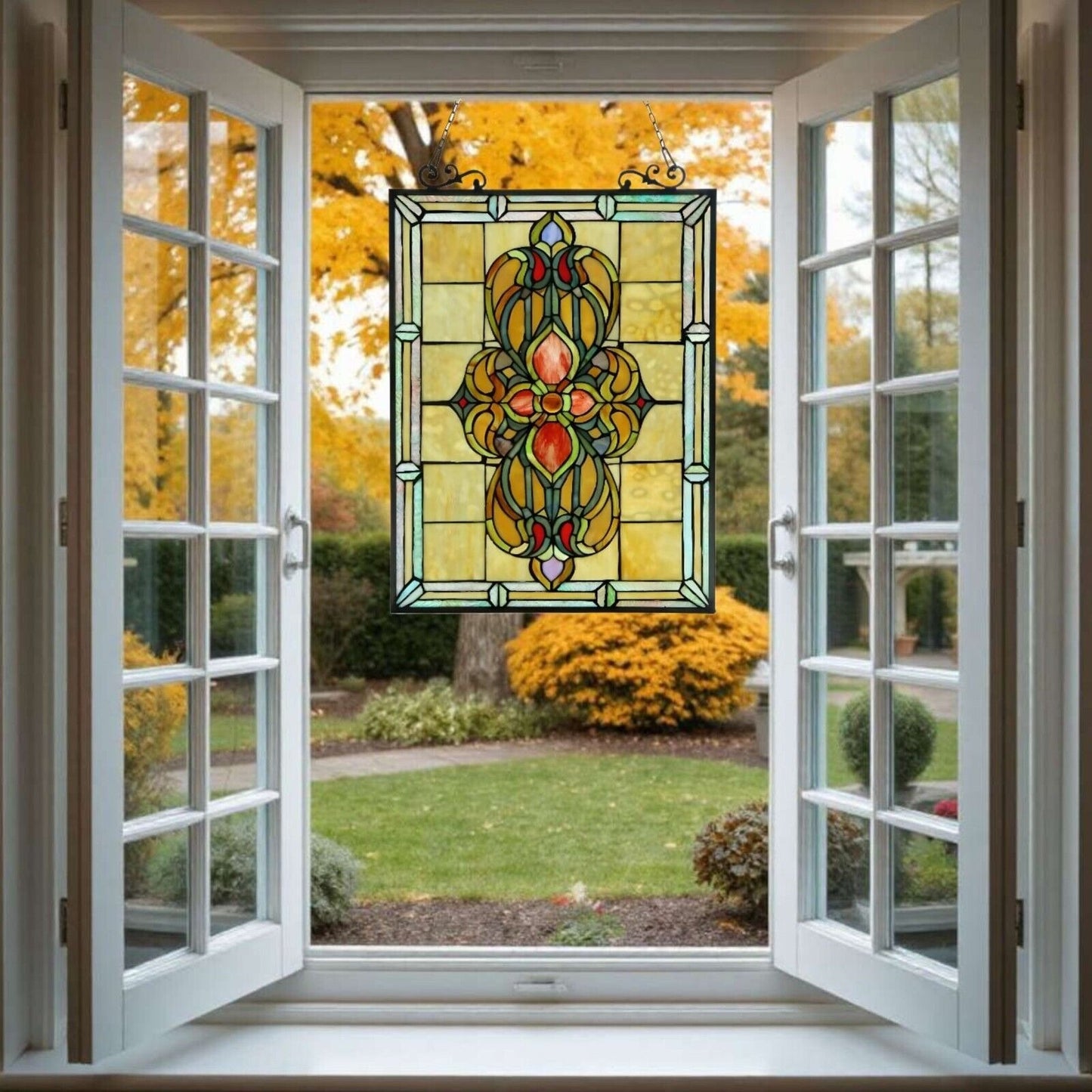 Tiffany Style Victorian Design Stained Glass Window Panel 18x26In