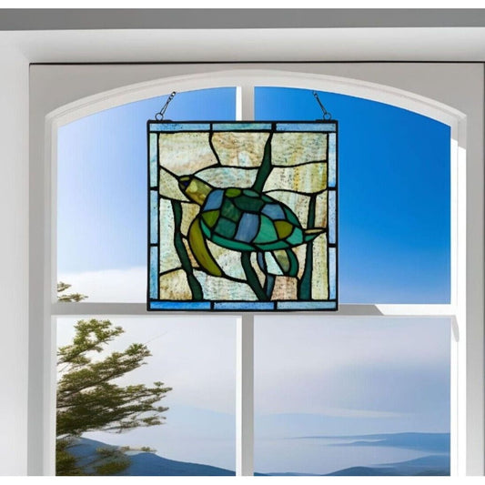 Tiffany Style Stained Glass Serene Sea Turtle Window Panel Suncatcher 10x10in