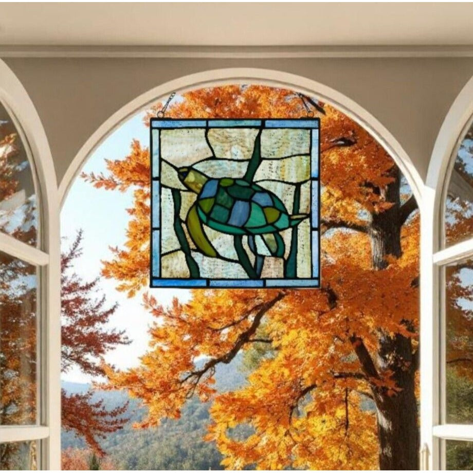 Tiffany Style Stained Glass Serene Sea Turtle Window Panel Suncatcher 10x10in