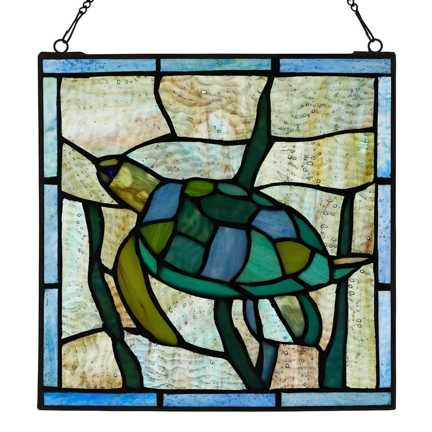 Tiffany Style Stained Glass Serene Sea Turtle Window Panel Suncatcher 10x10in