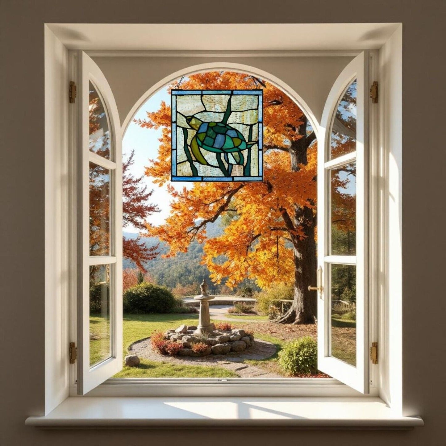 Tiffany Style Stained Glass Serene Sea Turtle Window Panel Suncatcher 10x10in