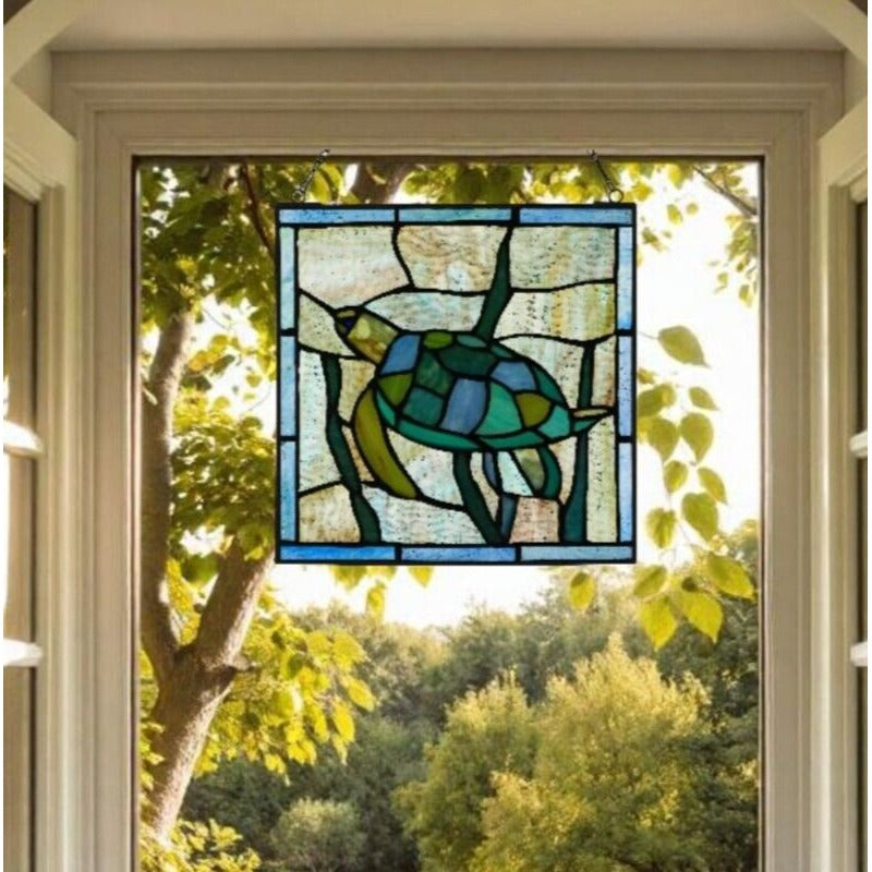 Tiffany Style Stained Glass Serene Sea Turtle Window Panel Suncatcher 10x10in