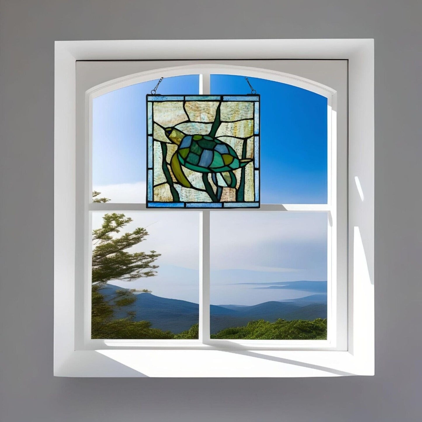 Tiffany Style Stained Glass Serene Sea Turtle Window Panel Suncatcher 10x10in